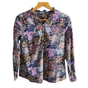 Talbots Petites Popover Blouse Multicolor Floral Ruffle Collar Womens Size Sp